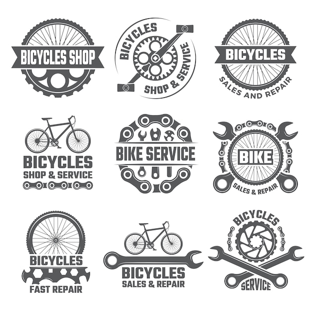 Vector labels and sport logos set with parts of bicycle