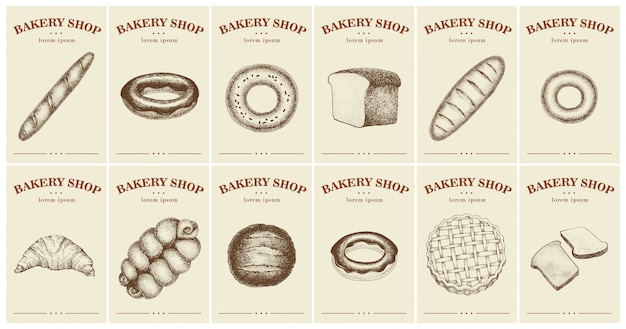 Labels with bread and pastries for bakery shop