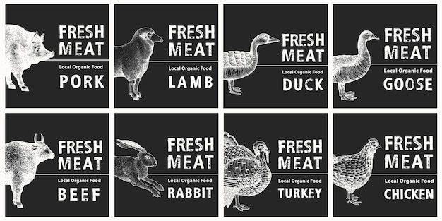 Labels with farm animals. Vintage set templates price tags for shops and markets.