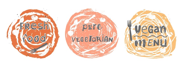 Labels with vegetarian and vegan food diet designs Fresh food tags and elements set for cafe