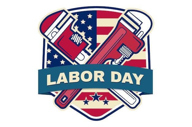 Эмблема значка Дня труда с гаечными ключами и американским флагом