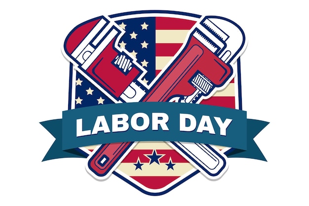 Labor day badge emblem with wrenches and american flag