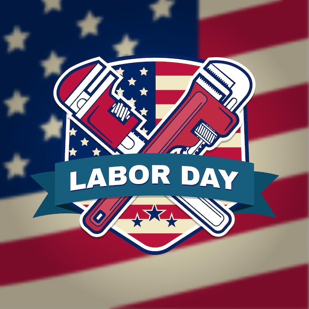 Labor day badge emblem with wrenches and American flag