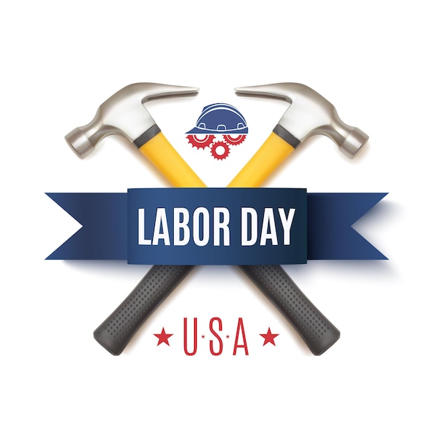 Labor day-badge met twee hummers, arbeidershelm en versnellingen, geïsoleerd