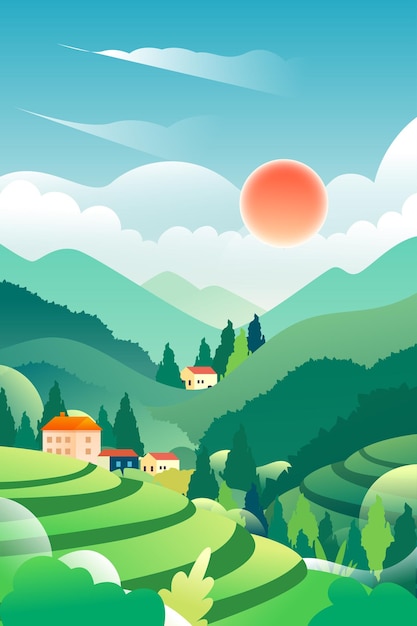 Labor day farmer harvesting fruits with terraced fields and houses in the background vector