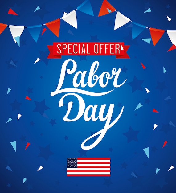 labor day sale promotion advertising banner, with flag and garlands hanging decoration