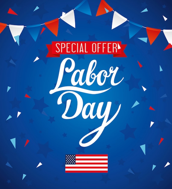 Labor day sale promotion advertising banner, with flag and garlands hanging decoration