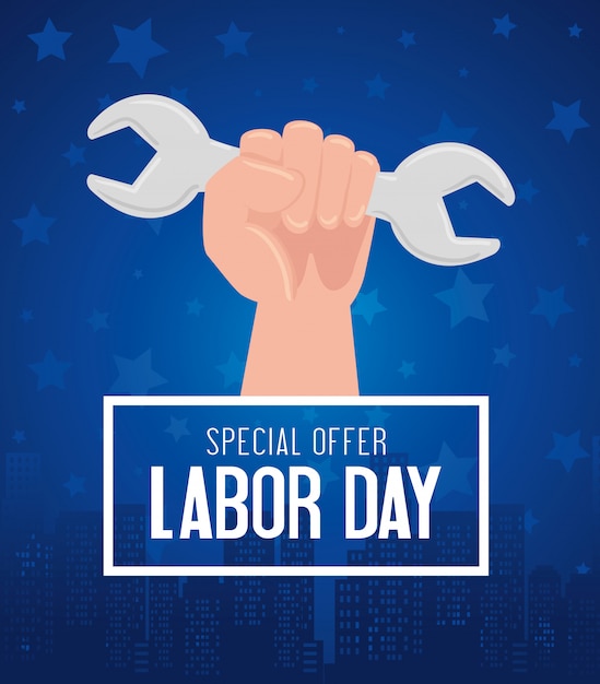 Labor day sale promotion advertising banner, with hand and wrench tool