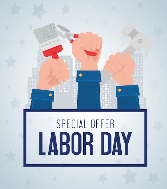 Labor day sale promotion advertising banner, with hands and tools construction