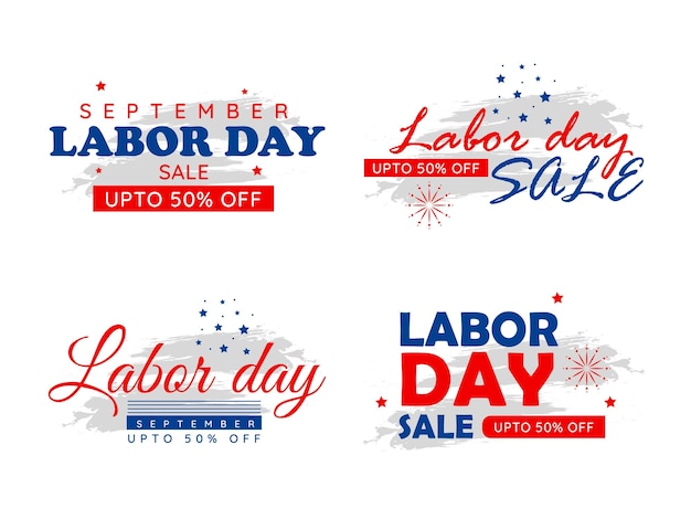 Labor day sale typographic emblems labels set Isolated vector elements Labor day calligraphy lettering design Badges usable for labor day greeting cards posters banners