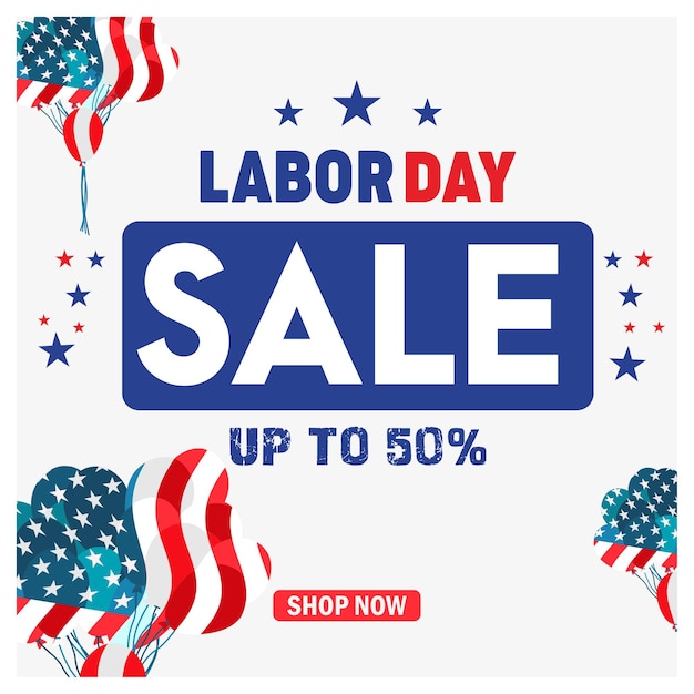 Labor Day verkoop promotie met lintjes en ballonnen Amerikaanse vlag achtergrond Labor Day verkoop concept Platte vector illustratie