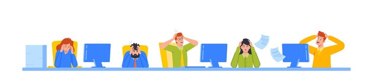 Vector labor deadline problems at work stress in office concept anxious workers sitting at workplace with piles of papers