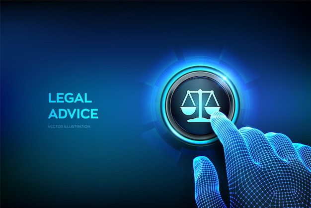 Labor law lawyer attorney at law legal advice concept closeup finger about to press a button internet law and cyberlaw as digital legal services or online lawyer advice vecto illustration