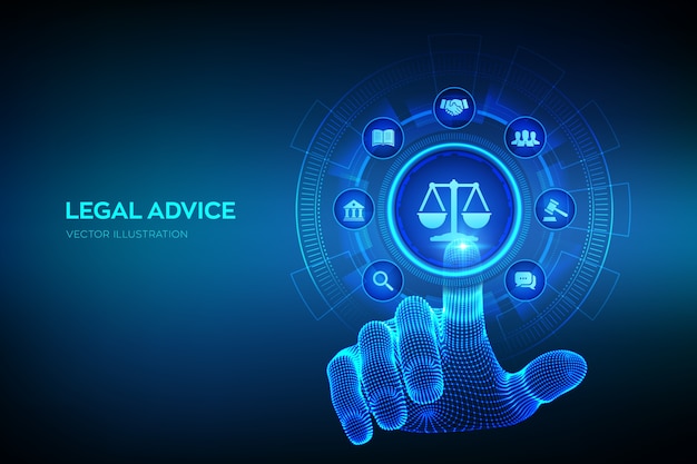 Vettore diritto del lavoro, avvocato, avvocato, concetto di consulenza legale sullo schermo virtuale. diritto di internet e cyberlaw come servizi legali digitali o consulenza di avvocati online. mano che tocca l'interfaccia digitale.