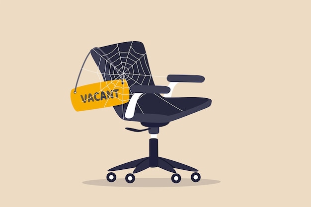 Vector labor shortage, worker needed not enough skill staff to fill in job vacancy, help wanted or employment demand concept, office chair with sign vacant covered by spider web metaphor of labor shortage.