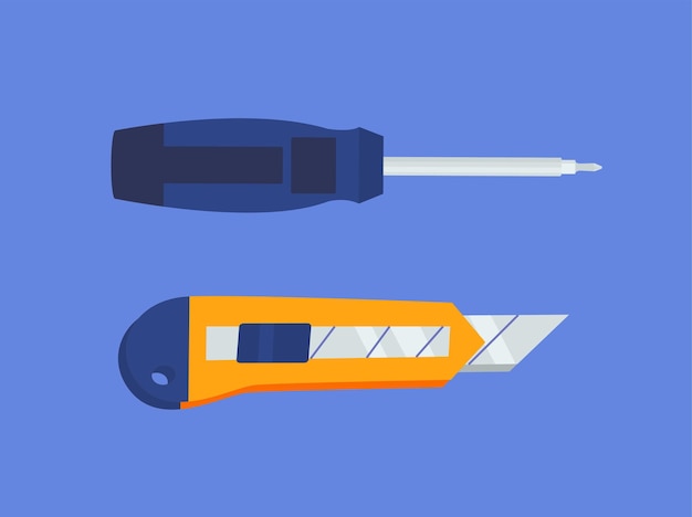 노동 도구 세트 스크류 드라이버 및 건설 사무 칼 노동자 건설 및 수리 직원 재고 포스터 또는 배너 파란 바탕에 고립 된 만화 평면 터 컬렉션
