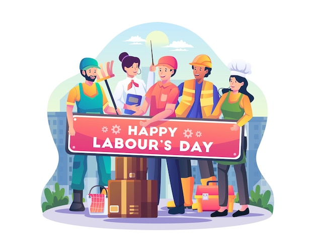 Vector labor workers in different professions standing hold a sign saying happy labor day illustration