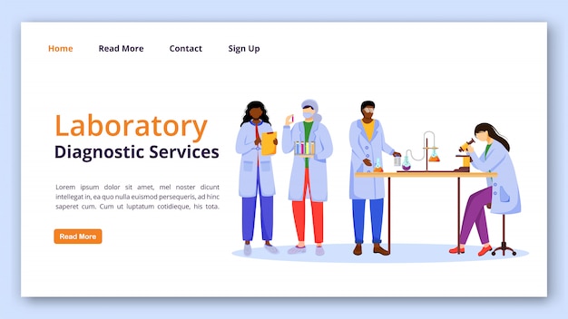 Laboratorium diagnostische diensten bestemmingspagina vector sjabloon. Medisch onderzoek website met platte illustraties. Website ontwerp