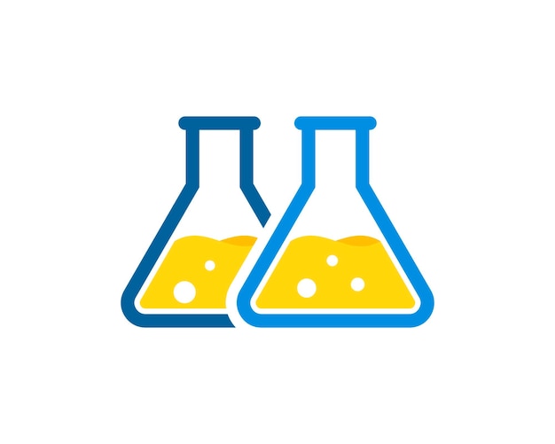 Laboratorium met twee driehoekige flessen met gele vloeistof erin