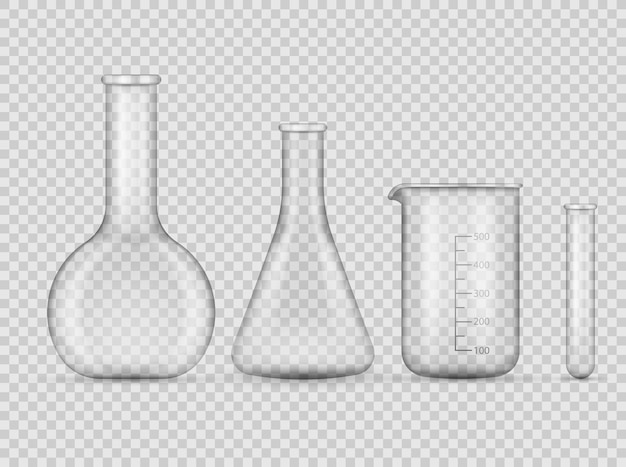 Vector laboratorium transparant glaswerk instrumentenmedische glazen buis set geïsoleerd op transparante achtergrond. vector illustratie. eps 10.