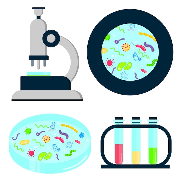 Vector laboratoriumanalyseapparatuur set microscoop petri schotel testbuizen met houder en vergrote weergave