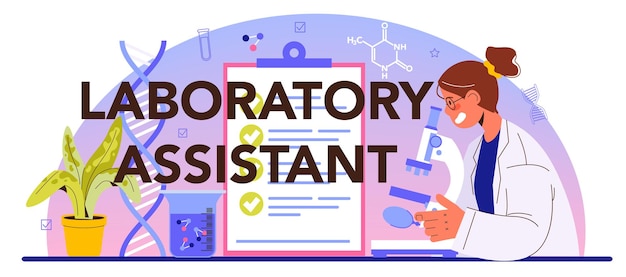 Laboratoriumassistent typografische koptekst. farmaceutisch onderzoek, wetenschapper die klinische tests en analyses maakt. onderzoeker met microscoop. platte vectorillustratie