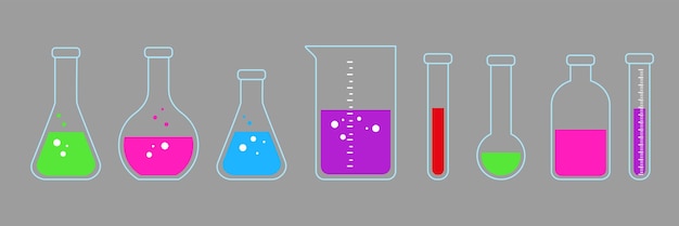 Laboratoriumglasapparatuur reageerbuizen en kolf Labglaswerk voor medische of wetenschappelijke vectorset