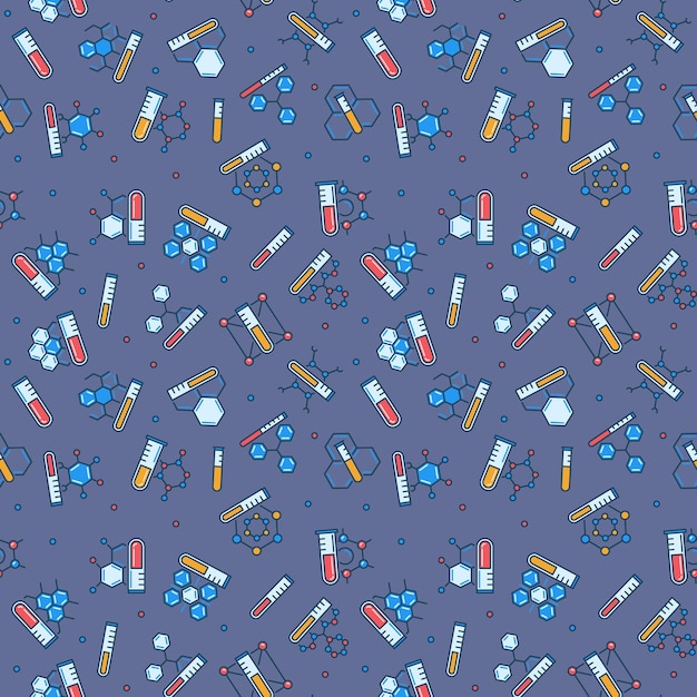 Laboratoriumreageerbuizen met moleculen gekleurd naadloos patroon
