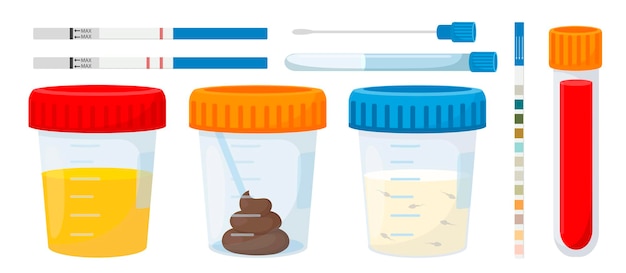 Laboratory analysis set. blood test, urine, semen, feces, pregnancy test, urine test. cartoon style