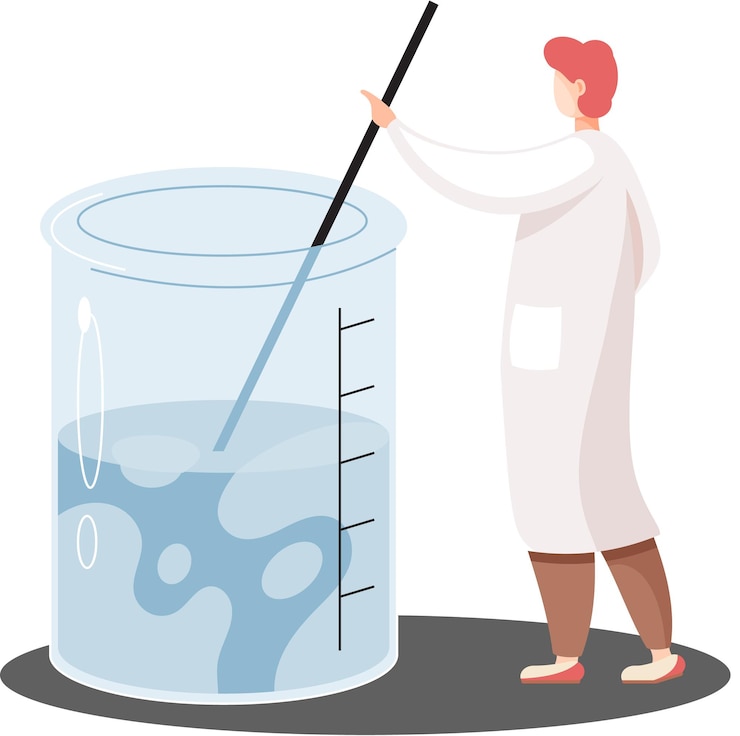 Vector laboratory assistant mixes liquids in flask in laboratory scientist conducting scientific research
