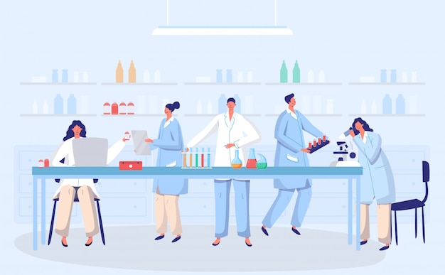 Laboratory coronavirus antivirus vaccine antiviral biology research doctors people concept with flask  illustration. scientists in laboratory, chemical virus researchers with lab equipment