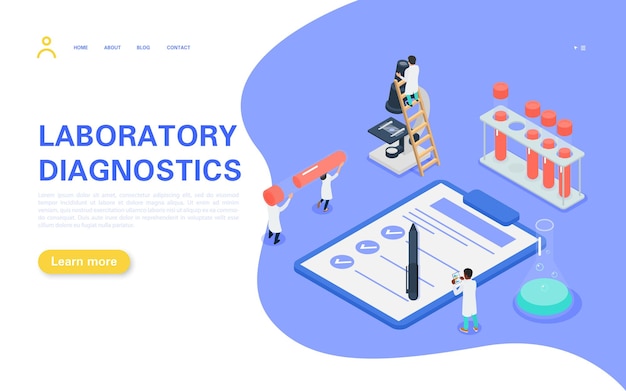 検査室診断ランディングページ。小さな人は血液の入った試験管を持っており、医療関係者は検査を研究して結果を記録します。