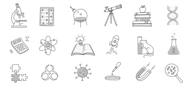 Vector laboratory doodle icon set hand drawn sketch line doodle style scientific education chemistry laboratory medicine experiment icon microscope atom magnet outline element vector illustration