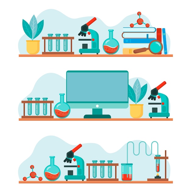 Vettore attrezzature di laboratorio: bicchieri, microscopio, flaconi. una serie di illustrazioni in stile cartone animato colorato vettoriale su sfondo bianco.