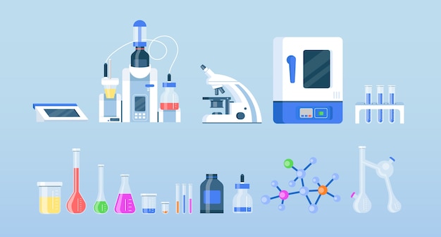 Vector laboratory equipment flat color objects set