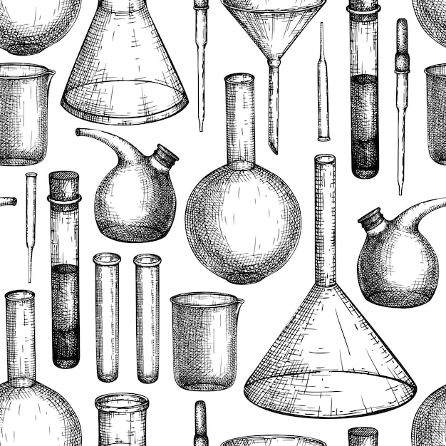 Schizzo di attrezzature di laboratorio. pipetta di vetro disegnata a mano e set di imbuto. apparecchiature per test di laboratorio di chimica e medicina. pipetta e imbuto per esperimenti scientifici o misurazioni