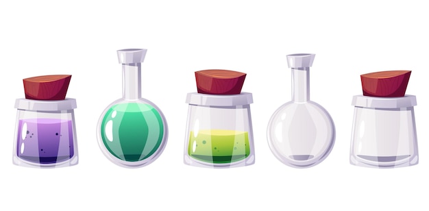 Laboratory glass full and empty chemical fluid isolated set graphic design element