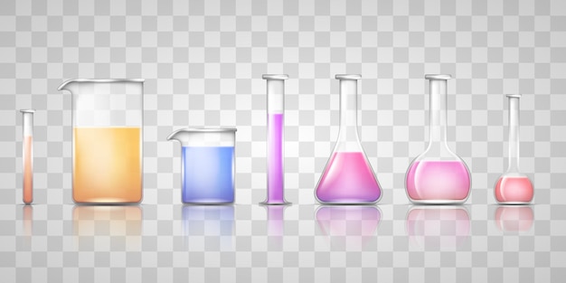 Laboratory glassware Realistic flask beaker bulb and tubes with colorful liquid chemical isolated