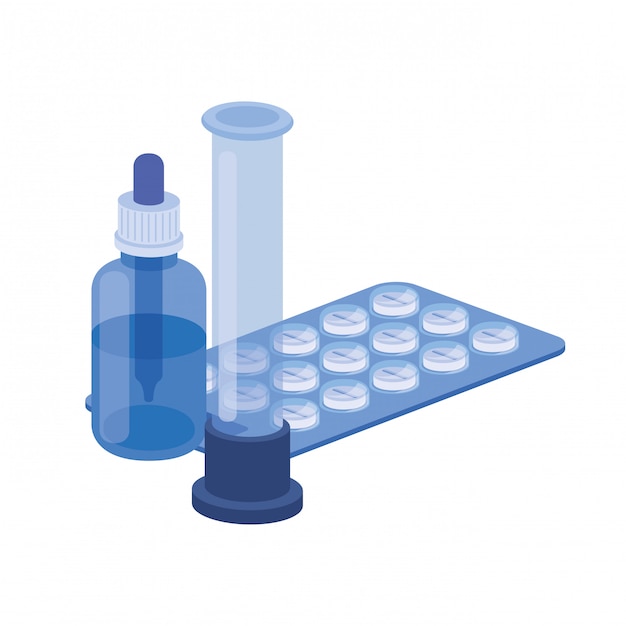 Vector laboratory instruments with medicines on white