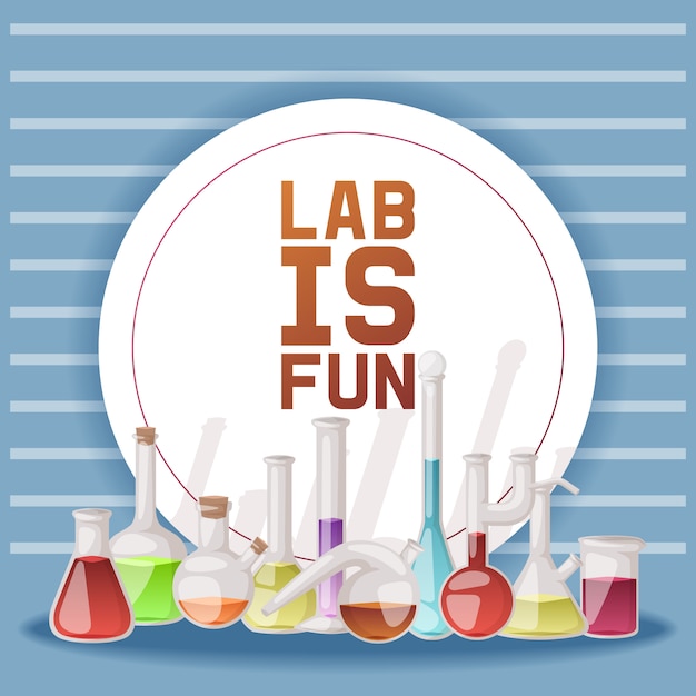 Laboratory is fun. different laboratory glassware and liquid for analysis, test tubes with orange, yellow and red liquid.