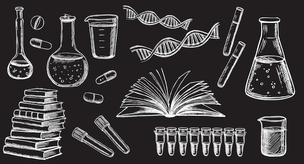 Set di icone disegnate a mano di vettore di ricerca di laboratorio. coronavirus, dna, analisi del sangue.