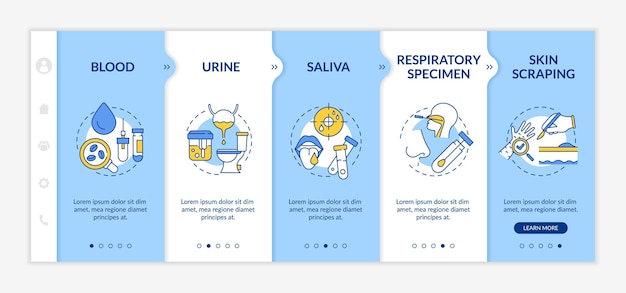 Laboratory samples onboarding  template. blood, urine, saliva. respiratory specimen. skin scraping. responsive mobile website with icons. webpage walkthrough step screens. rgb color concept