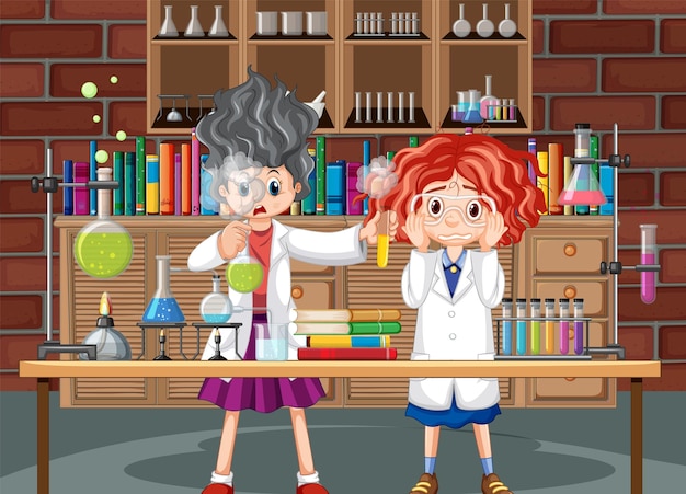 Scena di laboratorio con il personaggio dei cartoni animati dello scienziato