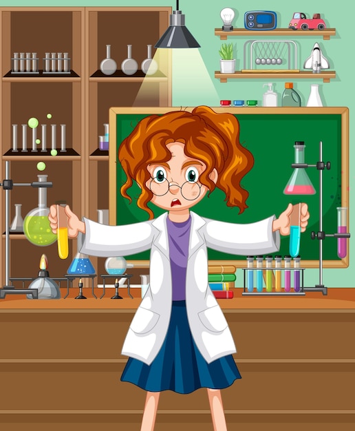 Laboratory scene with scientist cartoon character