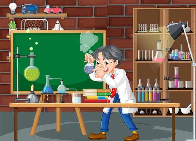 Vector laboratory scene with scientist cartoon character