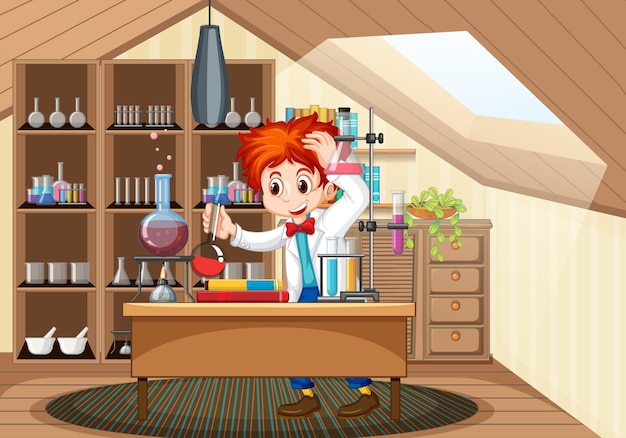 Laboratory scene with scientist cartoon character