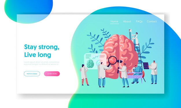 Vector laboratory scientist group study human brain and psychology landing page. medical research microscope. head tomography diagnostics hemisphere website or web page. flat cartoon vector illustration