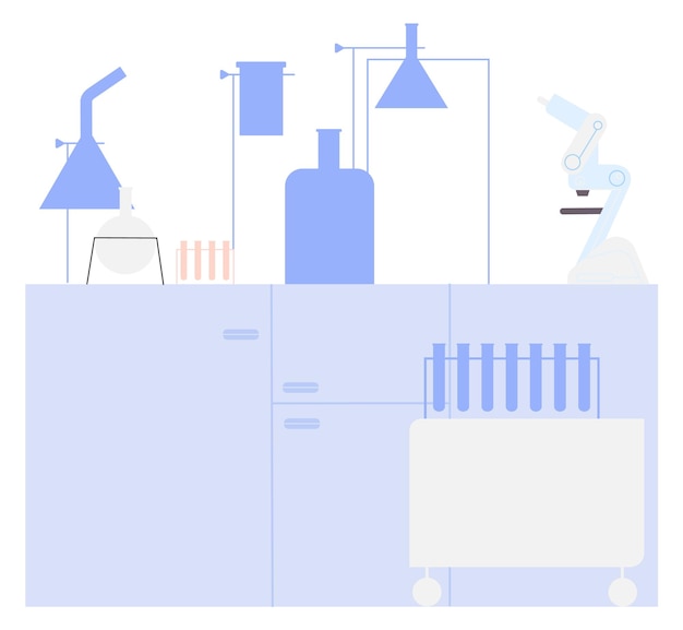 Tavolo da laboratorio con attrezzatura per esperimenti chimici sfondo scena