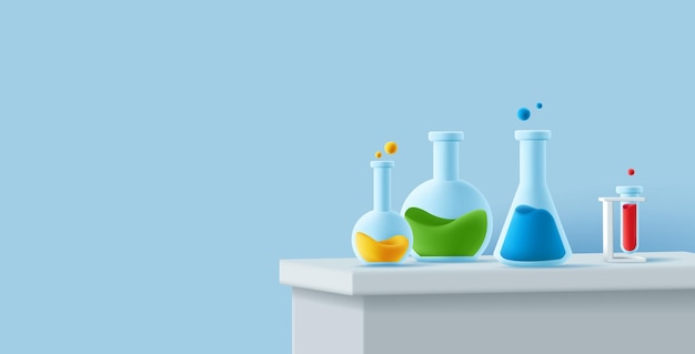 Vettore tavolo di laboratorio con bicchieri di vetro di diverse forme e con icona di rendering 3d liquido colorato