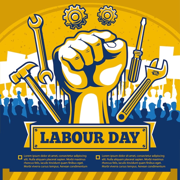 Vector labour day with legal scales and clenched fists poster design